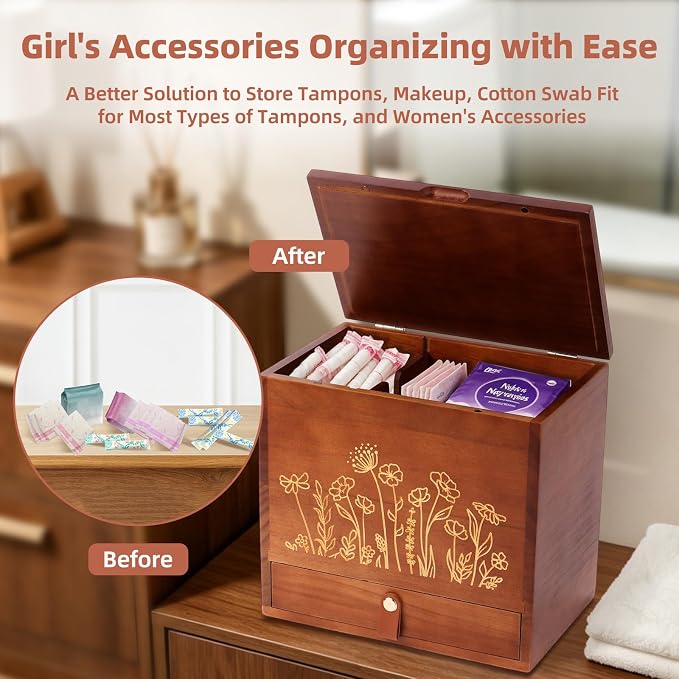 2-Layer Solid Wood Tampon Box Storage Organizer, 100% Wood Bathroom Feminine Accessories Holder with Drawer, Dual-Compartment Holder for Pads, Tampons, & Liners, Gold Floral, Gifts for Women