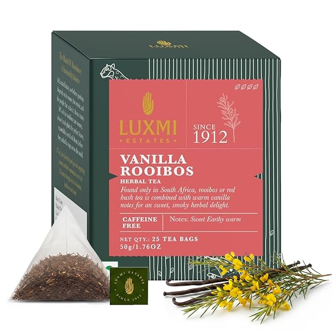 Luxmi Estates Vanilla Rooibos Herbal Tea, 25 Tea Bags (50g, 1.76oz) | South African Red Bush Tea with Natural Vanilla | Caffeine-Free Two-Ingredient Sweet & Earthy Infusion | Vegan & Non-GMO