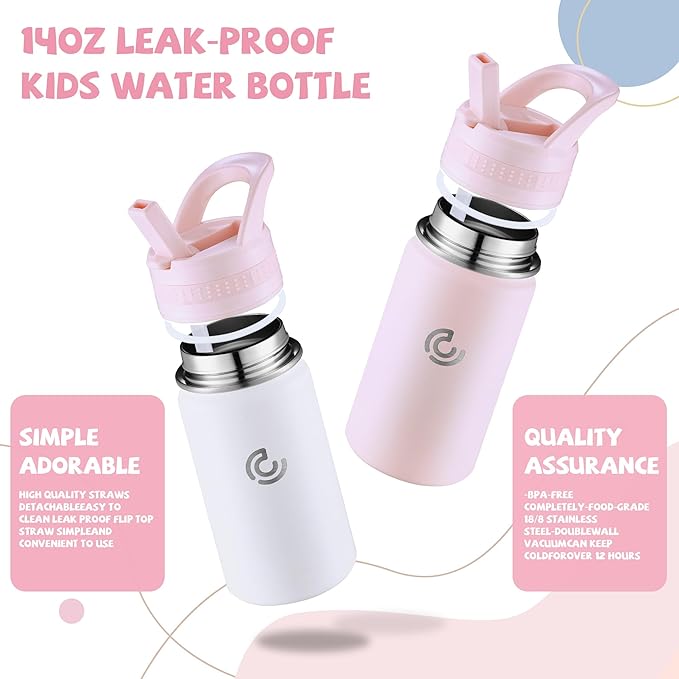 2 Pack Kids Water Bottle,14oz Stainless Steel Insulated Water Tumbler Leak-Proof,School Water Mug,Small and Portable,Suitable for Boys and Girls to Use(Pink + White)