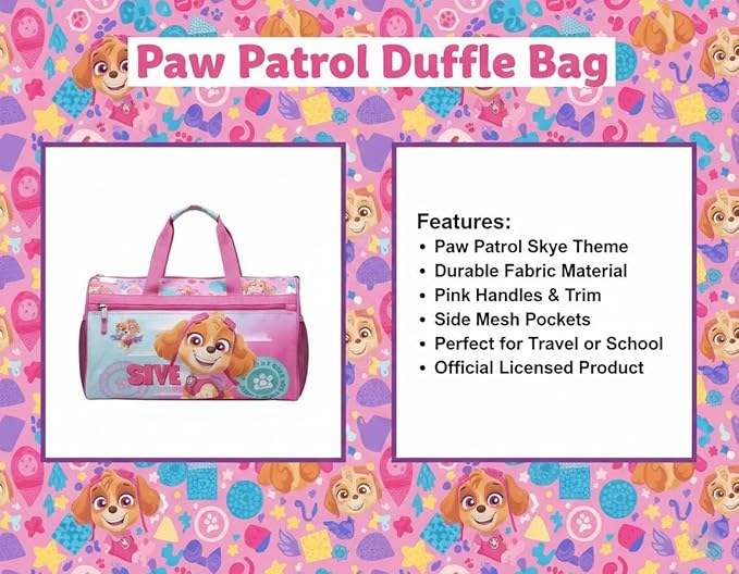 Paw Patrol Girls’ Duffle Bag – Skye Travel Gym Bag with Adjustable Shoulder Strap, Mesh Side Pockets & Zipper Pocket