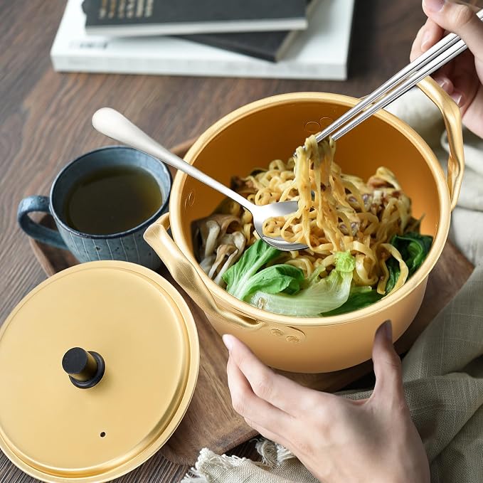 Tioncy Korean Ramen Pot Set of 2 with Lid, Aluminum Ramen Noodle Cooking Pot, Fast Heating with Spoon & Chopsticks, 6 inches/ 16 cm noodle Cooker for Soup, Pasta, Camping, Dorm Cooking, Couple Dinner