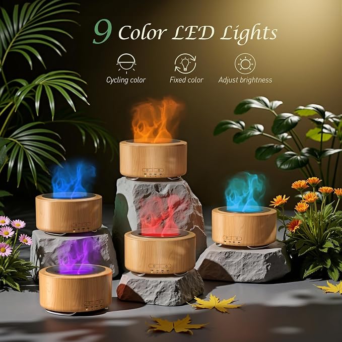 Essential Oil Diffuser for Home: 500ML Aroma Diffuser with Fireplace Flame Light & 9 Colors LED Improved - Quiet <25dB Cool Mist Humidifier for Bedroom Office Yoga Room
