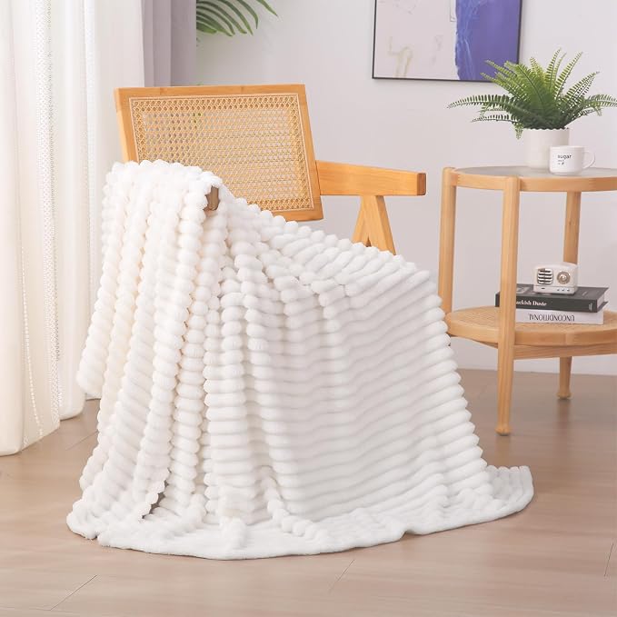 Cream White Fleece Throw Blanket 60”×80” for Couch Sofa Livingroom | Super Soft Cozy Plush Microfiber Flannel Bed Blanket Striped Design Lightweight Home Decor Gifts for Adults Mom Women