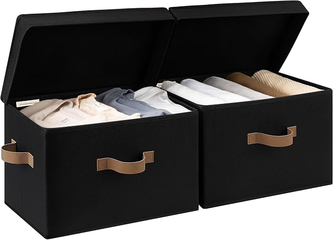 StorageWorks Fabric Storage Bins with Lids, Large Closet Storage Bins | Flip-Top Lid, 3 Handles, Collapsible, Stackable, for Clothes Blankets, Multi-Purpose, Large, Black, 2-Pack