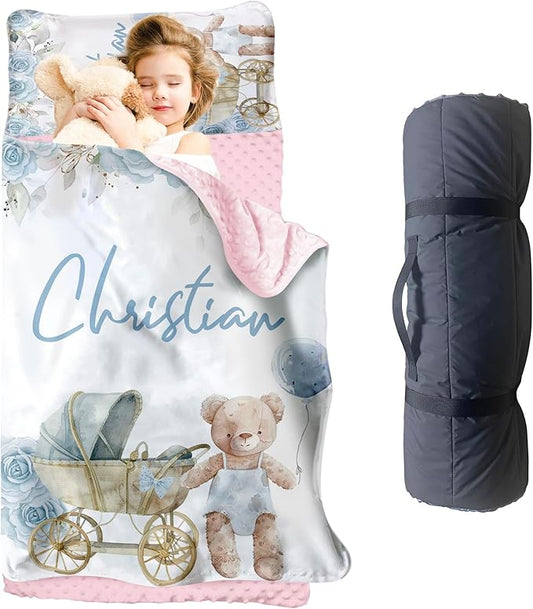 Personalized Toddler Nap Mat for Girls – Custom Name Kids Nap Mat – Daycare Sleeping Mats with Removable Pillow and Soft Minky Dot Blanket for Preschool, Travel, Kindergarten