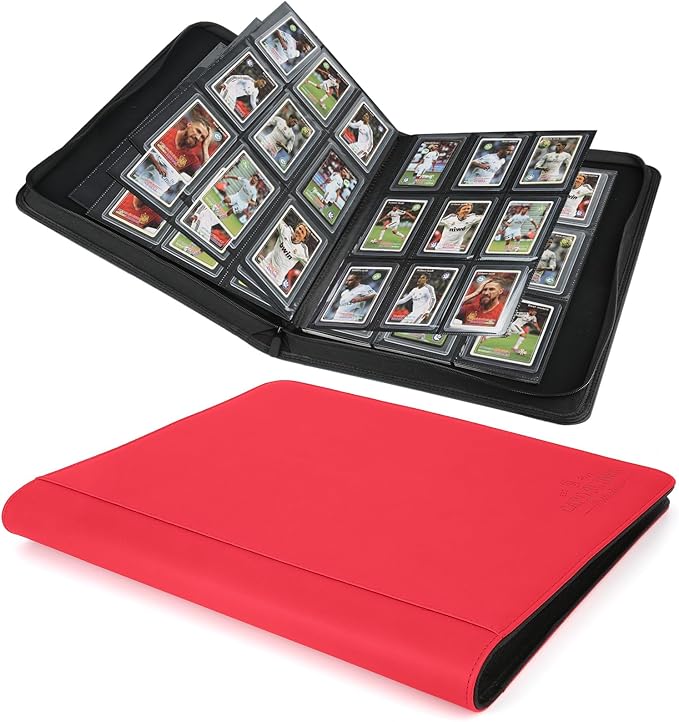 9-Pocket Toploader Binder, Holds 288 Cards in 3x4" Rigid Hard Cases, Premium PU Leather Zippered Trading Card Album for TCG & Sports Cards, Waterproof & Anti-Scratch - Red