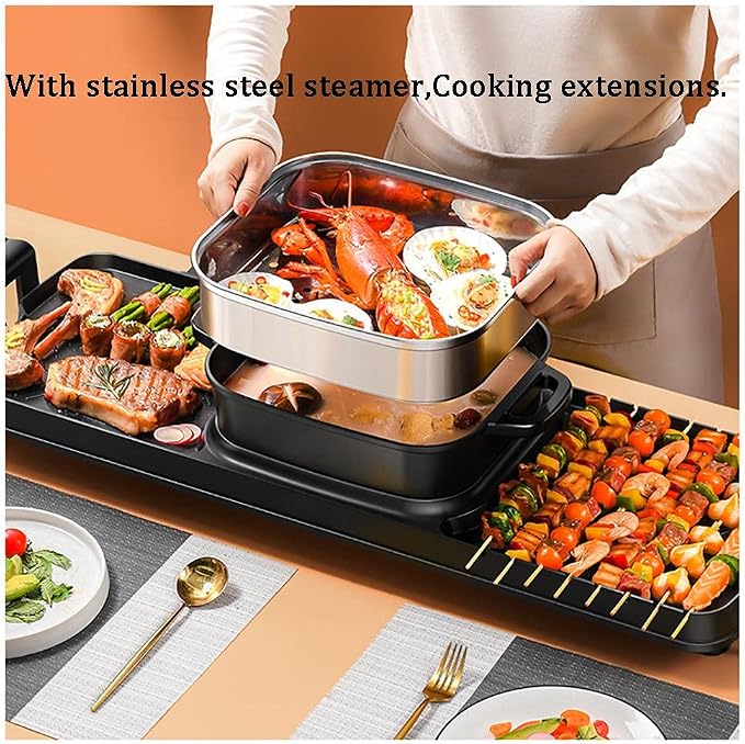 Electric Grill with Hot Pot 2 in 1 Indoor Korean BBQ Grill,2200W Multifunctional Smokeless BBQ Hot Pot Double Pot,Non-Stick Pan,for 5-10 People,for Grilling & Cooking(Single Pot)