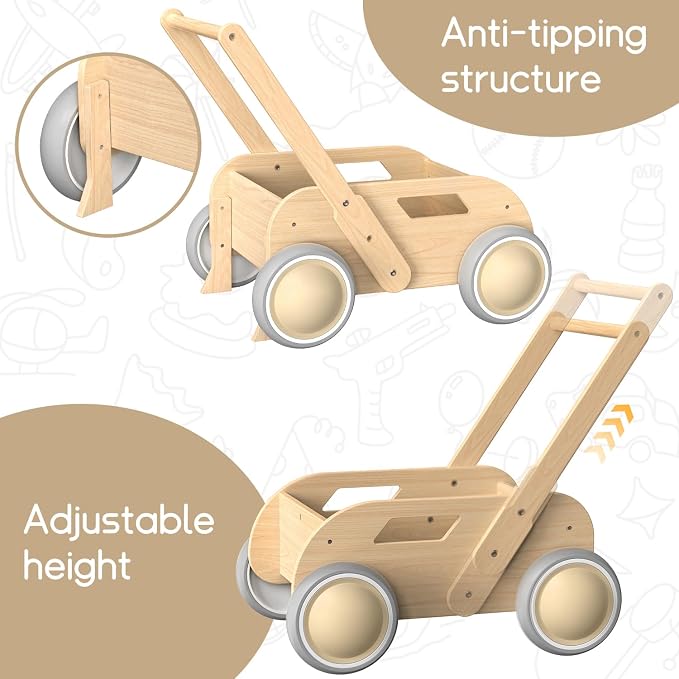 HOMEKOL Wooden Baby Push Walker, Natural Wood Color | Adjustable Height, with Rubber Wheels, for Boys and Girls, Gift for Birthday, Christmas and New Year