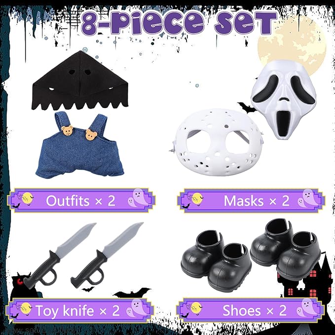 Two Sets of 17cm Halloween Doll Clothes Set ,Halloween Scary Mask, Halloween Clothes for Doll Accessories, Create Cute Fashion Halloween Costumes Set Included Mask, Outfit, Shoes, Knife
