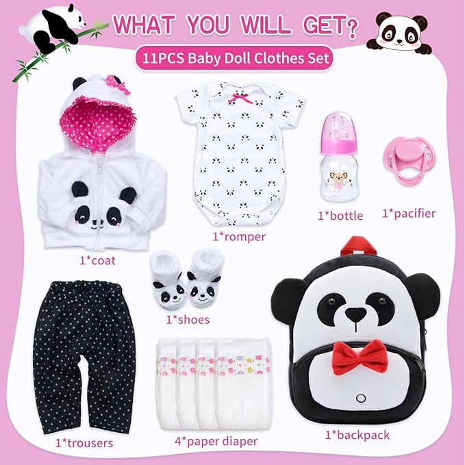 11-Piece Reborn Baby Dolls Clothes Girl Accessories Panda Outfit for 20-23 Inch Newborn Baby Dolls with Panda Backpack Diapers