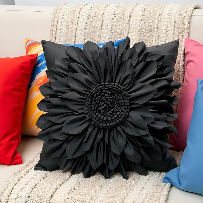 Black Accent 3D Flower Decorative Throw Pillow Covers for Bed Sofa Couch | Bella's Giftshop Handmade Sunflower Taffeta Pillow Cases Living Room Bedroom Decor, 18x18 Inch