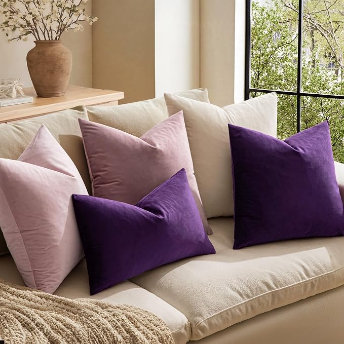 MIULEE Velvet Throw Pillow Covers 16x16 Inch Pack of 2 Eggplant Purple | Soft Solid Small Decorative Pillow Covers, Modern Luxury Home Decor, for Couch Chair Sofa Bedroom Livingroom Car
