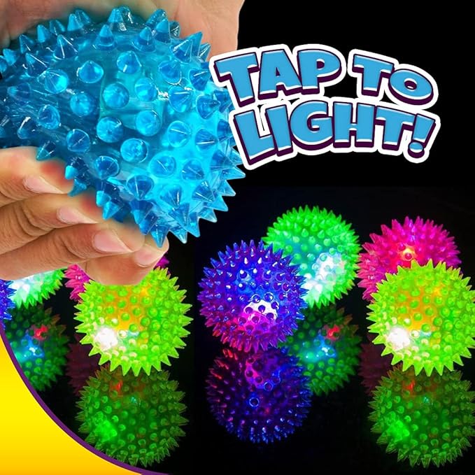 JA-RU Light Up Spiky Balls for Kids (24 Pack) – Light Up Bouncy Balls, Spiky Fidget Toys for Stress Relief, Sensory Bin Filler, Bulk Party Favors, & Classroom Prizes. 695-24p