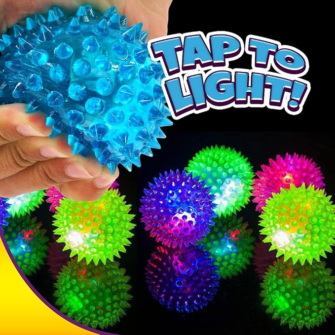 JA-RU Light Up Spiky Balls for Kids (8 Pack) – Light Up Bouncy Balls | Spiky Fidget Toys for Stress Relief, Sensory Bin Filler, Bulk Party Favors, & Classroom Prizes. 695-8A