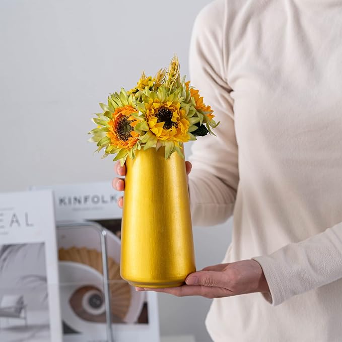 Simple Boho Ceramic Flower Vase for Home Decor (Gold,Big) | 8'' Modern Vase for Flower Plant Pampas Grass, Fit for Table Shelf Centerpieces, Living Room Kitchen Bedroom Wedding Gift