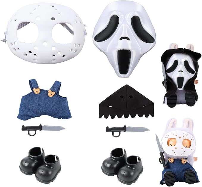 Two Sets of 17cm Halloween Doll Clothes Set ,Halloween Scary Mask, Halloween Clothes for Doll Accessories, Create Cute Fashion Halloween Costumes Set Included Mask, Outfit, Shoes, Knife