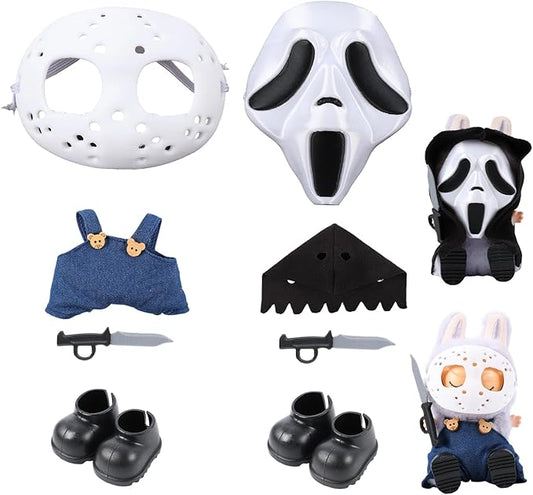 Two Sets of 17cm Halloween Doll Clothes Set ,Halloween Scary Mask, Halloween Clothes for Doll Accessories, Create Cute Fashion Halloween Costumes Set Included Mask, Outfit, Shoes, Knife