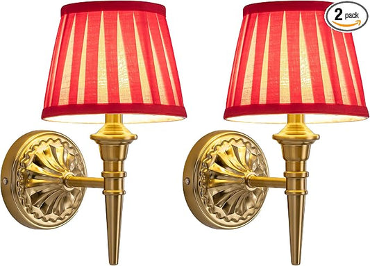KDG Cordless Gold Wall Sconces Set of 2, Red Fabric Lampshde Wall Lamps | Small LED Wireless Portable Rechargeable Battery Lighting for Wall Painting, Living Room, Bedroom, Hallway, Gifts, Nightlight