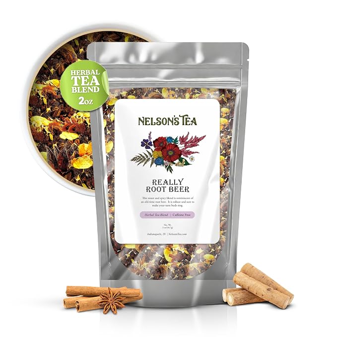 Nelson's Tea Really Root Beer - Cut & Sifted Sarsaparilla Root Tea Loose Leaf - Caffeine Free, Classic Herbal Blend with Burdock, Birch Bark, Dandelion, Licorice, Ginger and More (2 oz)