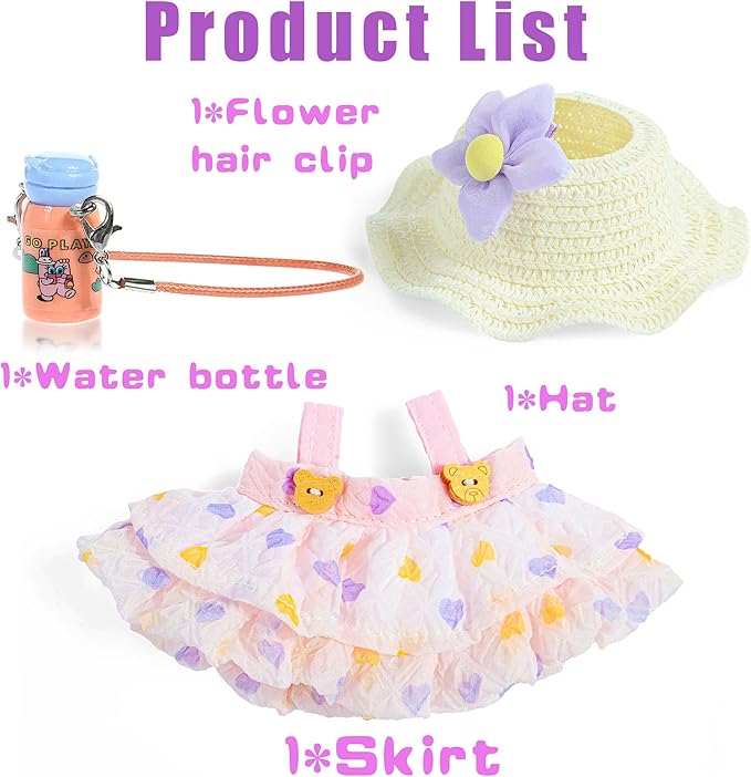 One Set Kawaii Doll Clothes for 17cm Plush Dolls - Pink Floral Collection Dress + Hat + Bag + Hair Clip Fits 6.7 Inch Mini Dolls (No Doll No Glasses)