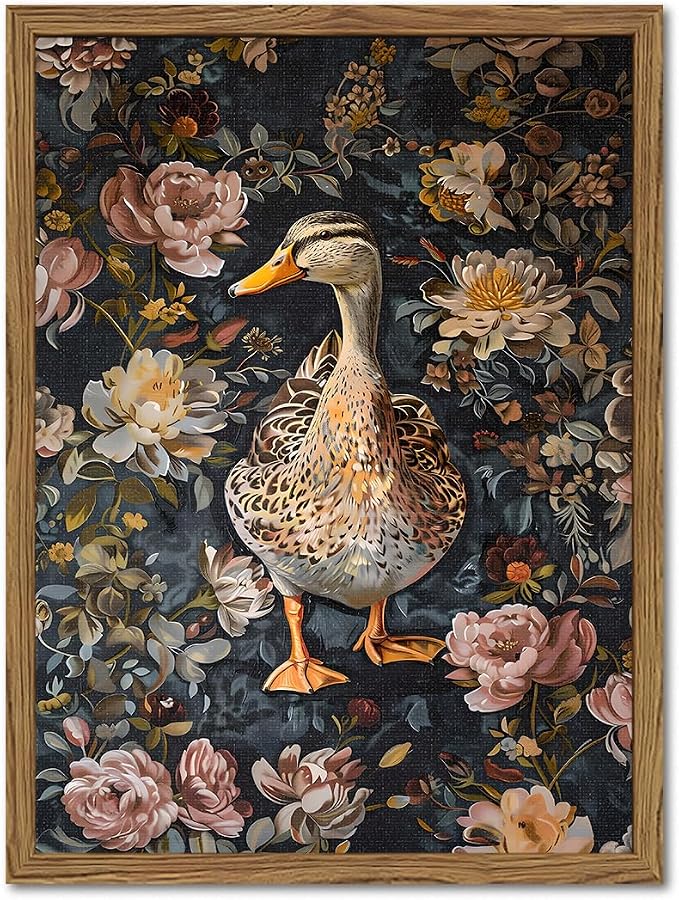 Vintage Mallard Duck Wall Art, Whimsical Dark Cottagecore Duck Wall Decor Painting Moody Animal and Botanical Poster Canvas Print for Living Room Bedroom 12x16 inch Wood Framed