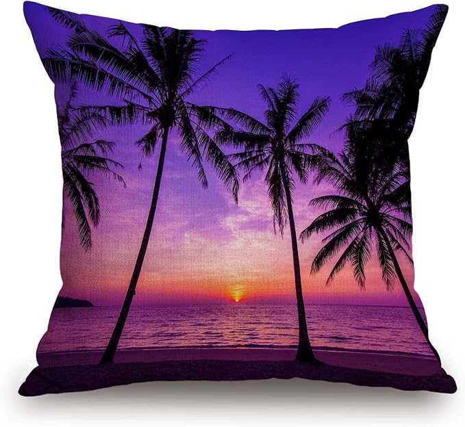 TSSOHU Sunset Beach Pillow Cover 18x18 Inch Tropical Palm Tree Landscape Cotton Linen Cushion Cover for Home Sofa Chair Decor Farmhouse Pillow Case
