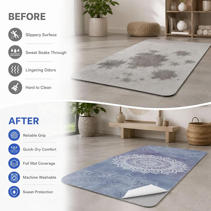Yoga Mat Towel, Hot Yoga Non Slip with 4 Corner Pockets, 74 x 26 in | Soft Absorbent Microfiber With Four Corner Pockets, Fits Over Yoga Mats For Hot Yoga, Pilates, Gym, And Travel