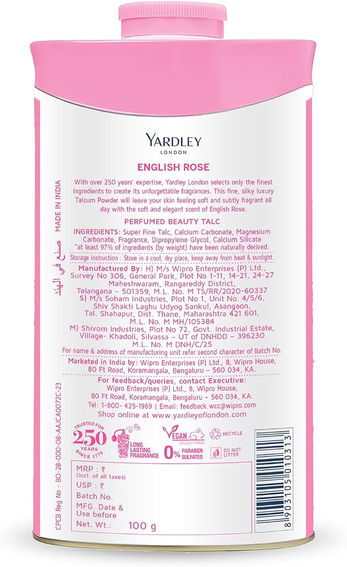 Yardley London English Rose Perfumed Deodorizing Talc Talcum Powder 100gm