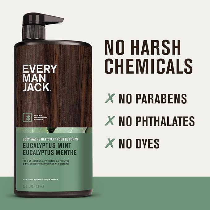 Every Man Jack Eucalyptus Mint Hydrating Mens Body Wash for All Skin Types - Cleanse, Nourish, and Hydrate Skin with Naturally Derived Ingredients - Paraben Free, Phthalate Free, Dye Free - 33.8oz