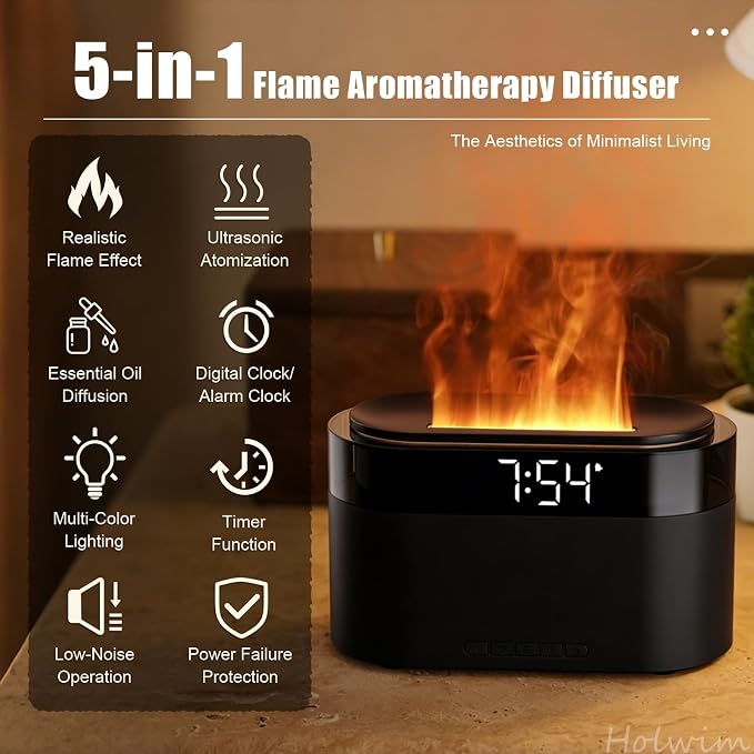 Aroma Diffuser with Flames & Digital Clock, 7 Colors Light Effect Fragrance Oil Diffuser, 150ml Humidifier with Remote Control, Clock Function, Timer, Waterless Auto-Off (Black)