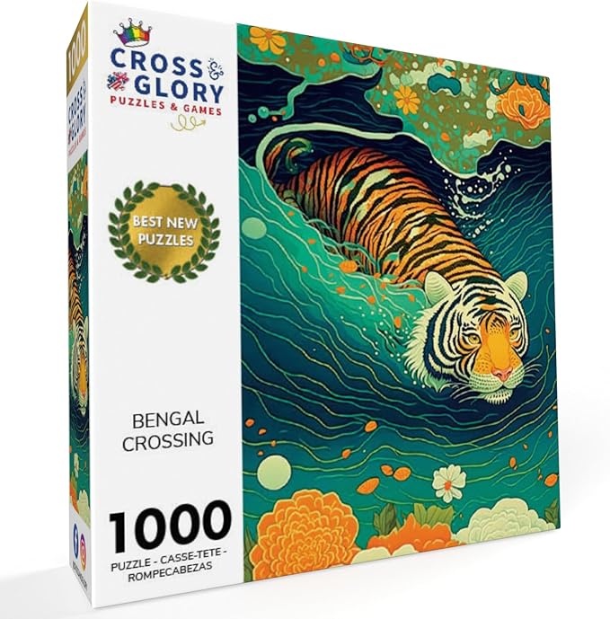 Cross & Glory - Bengal Crossing - 1000 Piece Jigsaw Puzzle for Adults | Majestic Tiger Crossing River | Stunning Wildlife Artwork for Adults | Great Gift Idea