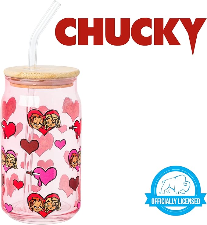 Silver Buffalo Chucky Featuring Tiffany Horror Scary Dolls Bloody Hearts Glass Jar Tumbler with Bamboo Lid and Glass Straw, 16 Ounces