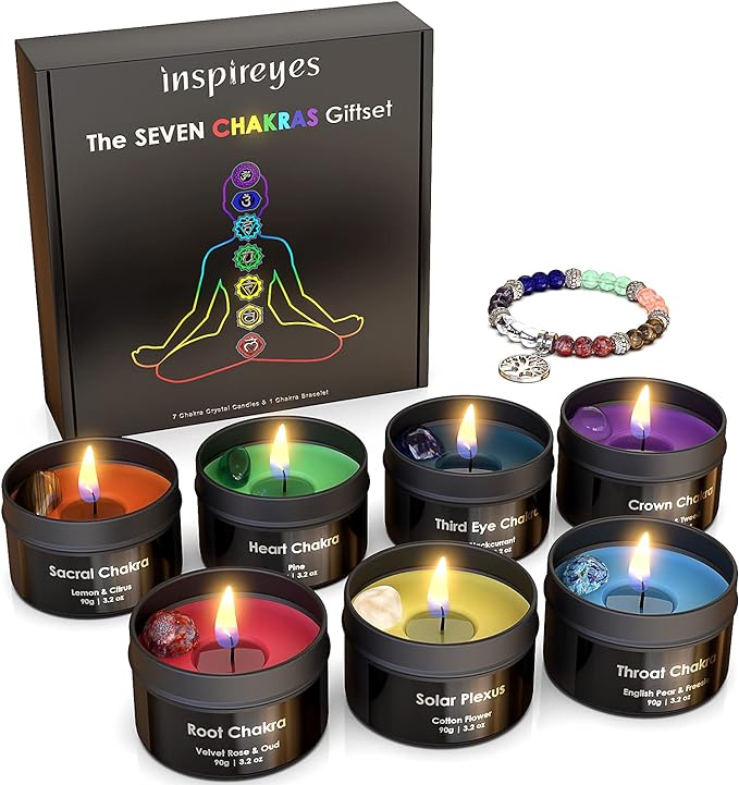 Inspireyes Chakra Candles with Premium Crystal and Healing Stones Luxury Meditation Scented Candles Gift Set for Women Stress Relief Spiritual Decor Healing Candles for Yoga, Aromatherapy