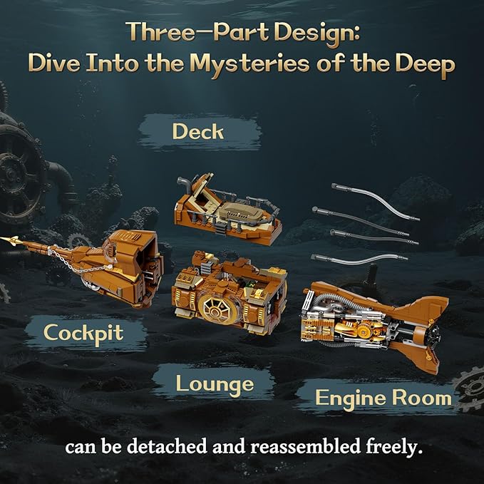 PANTASY Steampunk Nautilus Submarine Building Set, Modular 3-Section Design with Gear-Linked Propeller, Mini Boat & Undersea Adventure Scene, Retro Mechanical Collectible Model Kit for Adults