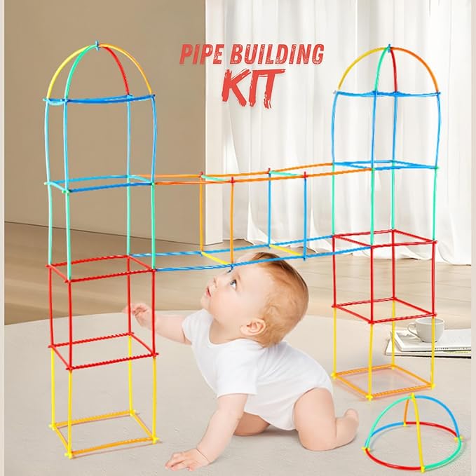 500 Pcs Fort Building Kit - 250 Sticks, 250 Connectors Straw Constructor STEM Building Toys - Creative Indoor Buildable Kit for Kid - Outdoor Toys for Kid Ages 4-8 - DIY Interlocking Toys