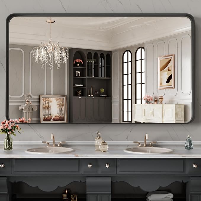 LOAAO 48X28 Inch Black Metal Framed Bathroom Mirror for Wall | Matte Black Bathroom Vanity Mirror, Anti-Rust, Tempered Glass, Hangs Horizontally or Vertically
