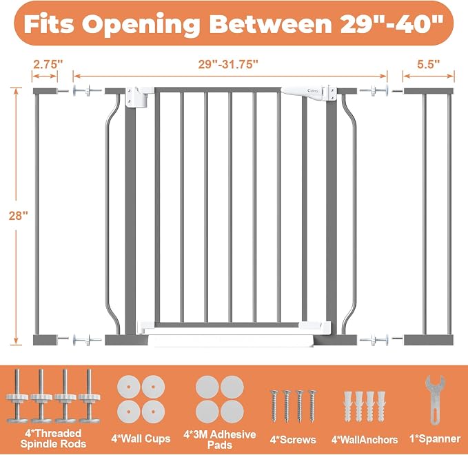 29"-40" Baby Gate for Stairs, Auto Close Stroller Friendly Dog Gate Indoor for Doorways, Pressure Mounted Baby Gate, Easy Walk Through Gate for Children & Pets, Grey