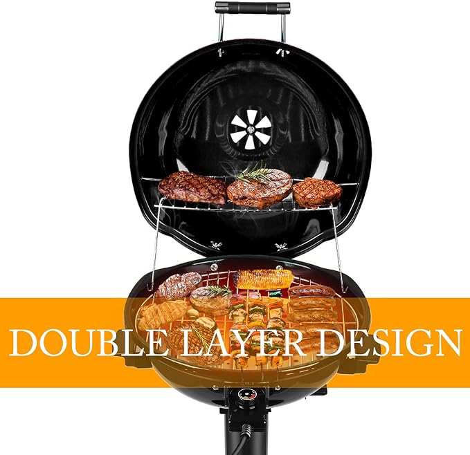 Electric BBQ Grill Techwood 15-Serving Indoor/Outdoor Electric Grill for Indoor & Outdoor Use, Double Layer Design, Portable Removable Stand Grill, 1600W (Stand Black BBQ Grills)
