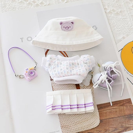 Clothes for 17cm Dolls Sweater Clothes Accessories(No Doll Only Clothes), Stylish Outfit Suitable for 6.69inch (17cm) Doll Soft Clothing Replacement(PurpleA+hat+Dress+mini Pendant+Shoes)