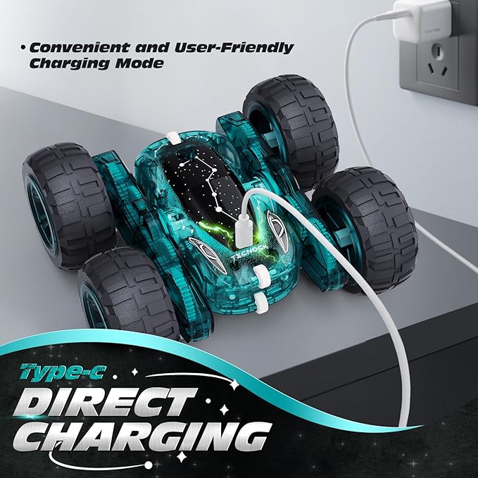 Tecnock Remote Control Car, 2.4GHz RC Cars with USB-C Easy Charging, 4WD Double Sided 360° Rotates and Flips RC Stunt Car, Toys Gift for Boys and Girls Ages 6-8, 8-12
