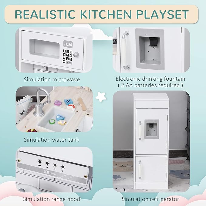 Qaba Corner Kids Kitchen Playset, Wooden Pretend Toy Kitchen Set with Drinking Fountain, Microwave, Fridge and Accessories, Pretend Play Kitchen for 3+ Years, White