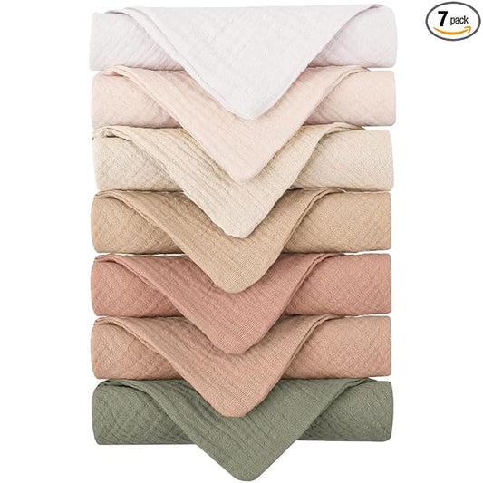 Konssy Baby Muslin Washcloths 7-Pack, 100% Cotton Baby Bath Washcloths, Soft & Absorbent Wash Cloths and Burp Cloths for Newborn Kids Girls & Boys, 11x11 inches