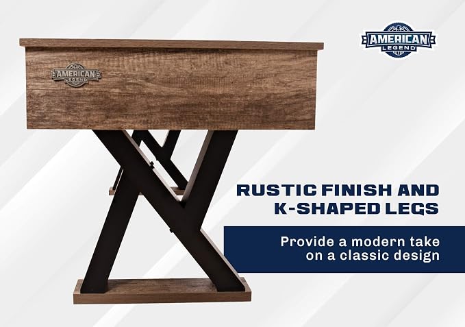 American Legend Kirkwood 9’ Shuffleboard Table with LED Rails, Bowling Game Set, Rustic Wood Finish & Accessories Included