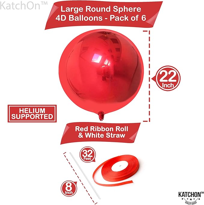 KatchOn, Red Balloons - Big 22 Inch, Pack of 6 | 4D Sphere Red Foil Balloons for Red Party Decorations | Metallic Balloons for Carnival, Casino Theme Party | Graduation Decorations 2026, Birthday