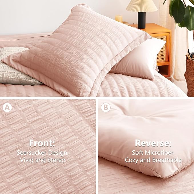 CozyLux Twin XL Comforter Set with Sheets Seersucker Blush Pink 5 Pieces Bed in a Bag, Twin Extra Long Luxury Bedding Sets for College Dorm with Down Alternative Comforter, Sheets, Pillowcase & Sham