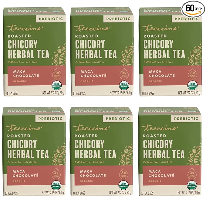 Teeccino Maca Chocolaté Herbal Tea - 10 Tea Bags - Rich & Roasted Herbal Tea That’s Caffeine Free & Prebiotic with Natural Energy from Adaptogenic Peruvian Maca, (Pack of 6)