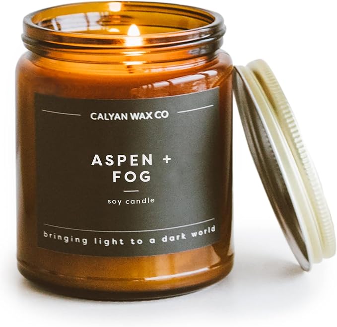 Calyan Wax Co. Aspen & Fog Scented Candle - 57 Hour Burn - Luxury Clean Soy Wax Candles - Long Lasting Amber Glass Jar Candle for Home - 7.2oz