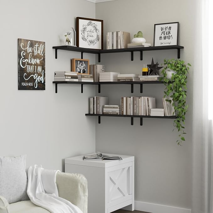 DOLLFIO Floating Shelves, 8 Sets Wooden Floating Shelves for Bedroom & Bathroom Wall Decor, Floating Book Shelf Living Room Black