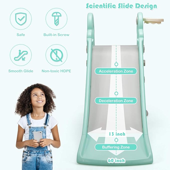 BABY JOY Toddler Slide, Kids Large Slide Play Climber Set with Long Slipping Slope, Basketball Hoop and Ball, Enclosed Steps, Easy Assemble Indoor Outdoor Backyard Freestanding Slides for Kids Age 1-8