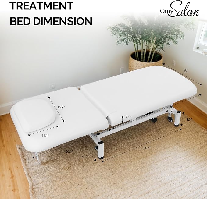 OmySalon 2 Motors Electric Lift Massage Table, Heavy Duty Treatment Bed, Adjustable Height & Backrest Facial Bed for Professional Physical Therapy, Medical Spa, Esthetician, Treatment, Salon (White)
